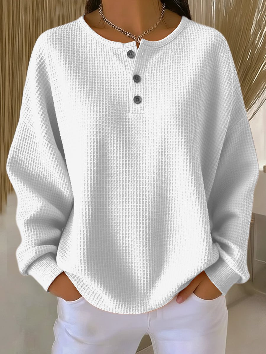Women's Relaxed-Fit Waffle Knit Sweater Henley Long Sleeve Top - White