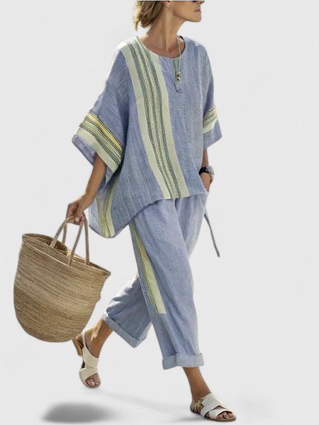 Women's Relaxed Linen-Blend Geometric-Stripe Wide-Leg Co-Ord Set - Blue