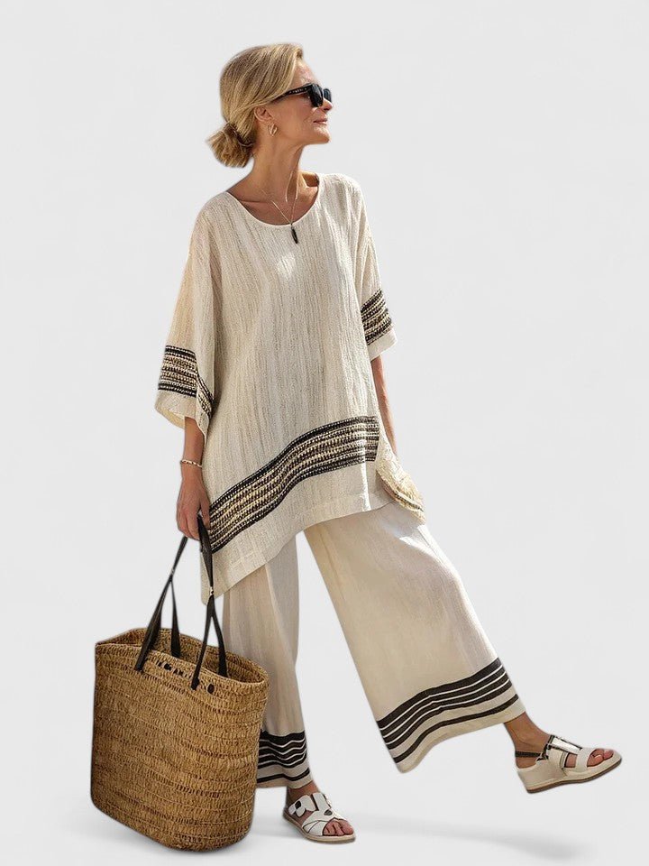 Women's Relaxed Linen-Blend Geometric-Stripe Wide-Leg Co-Ord Set - Black Stripe