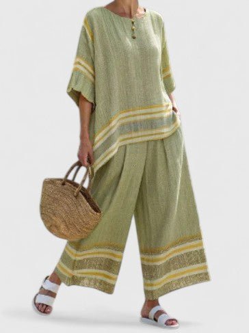Women's Relaxed Linen-Blend Geometric-Stripe Wide-Leg Co-Ord Set - Green