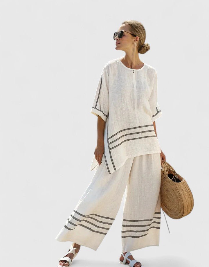 Women's Relaxed Linen-Blend Geometric-Stripe Wide-Leg Co-Ord Set - White