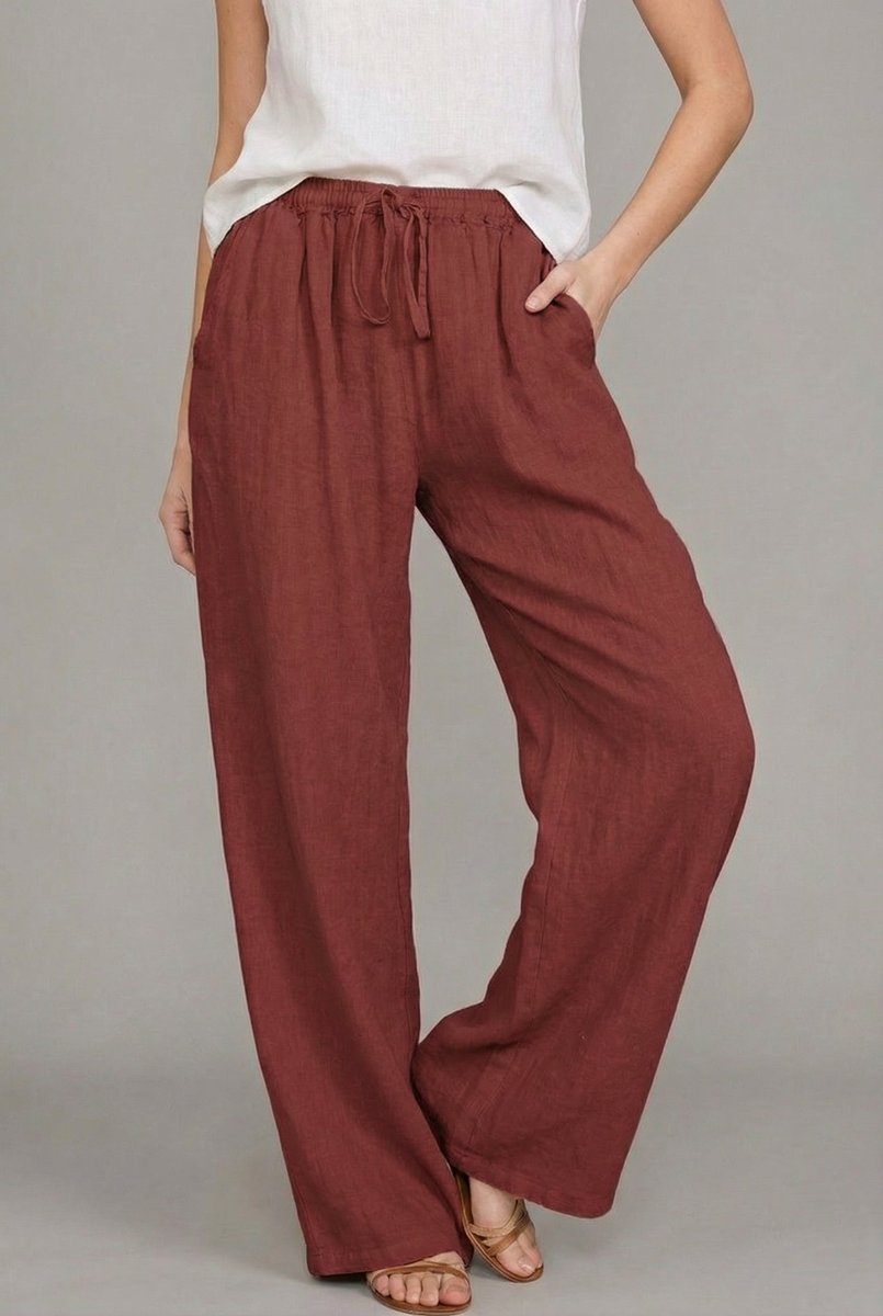 Women's Relaxed Linen Drawstring Wide Leg Trousers - Wine Red