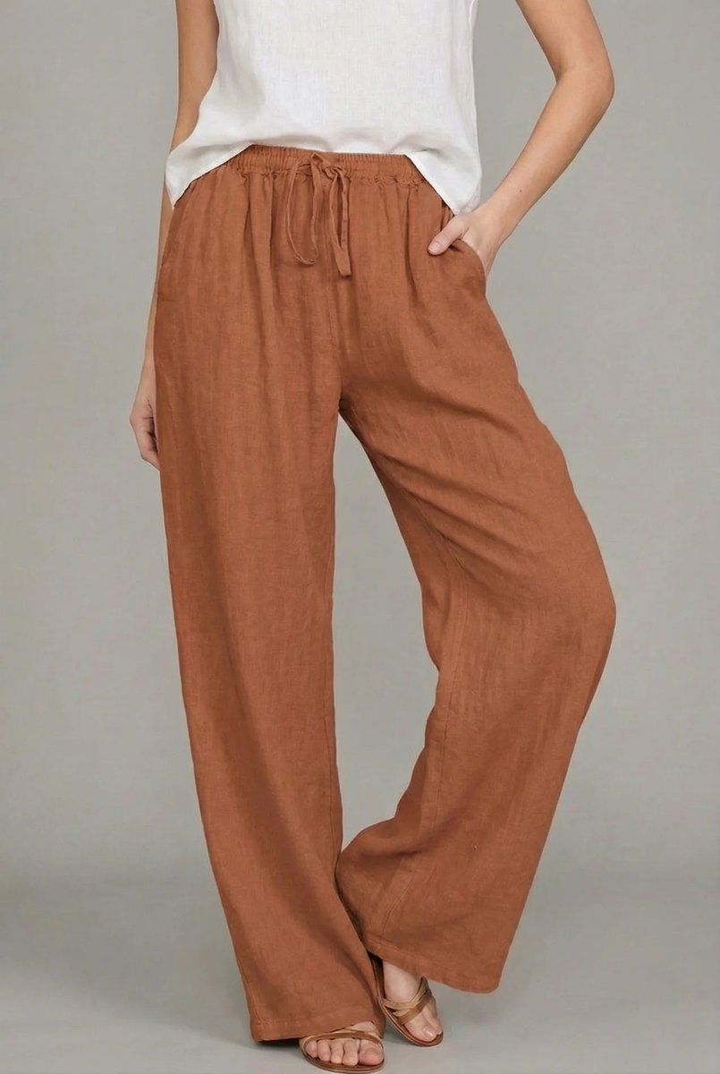 Women's Relaxed Linen Drawstring Wide Leg Trousers - Orange
