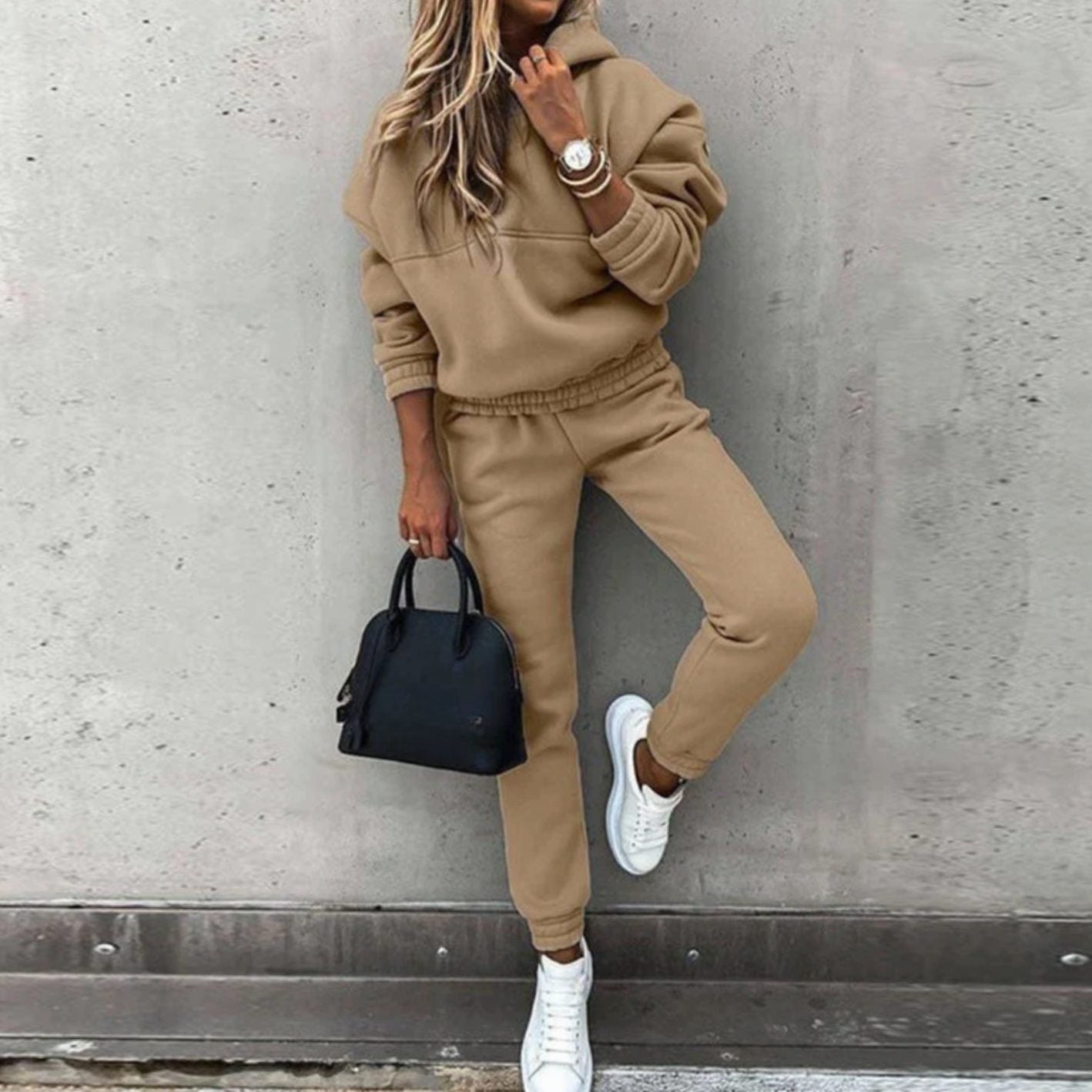 Women's Relaxed Stretch Fit Hoodie Joggers Matching Set - Beige