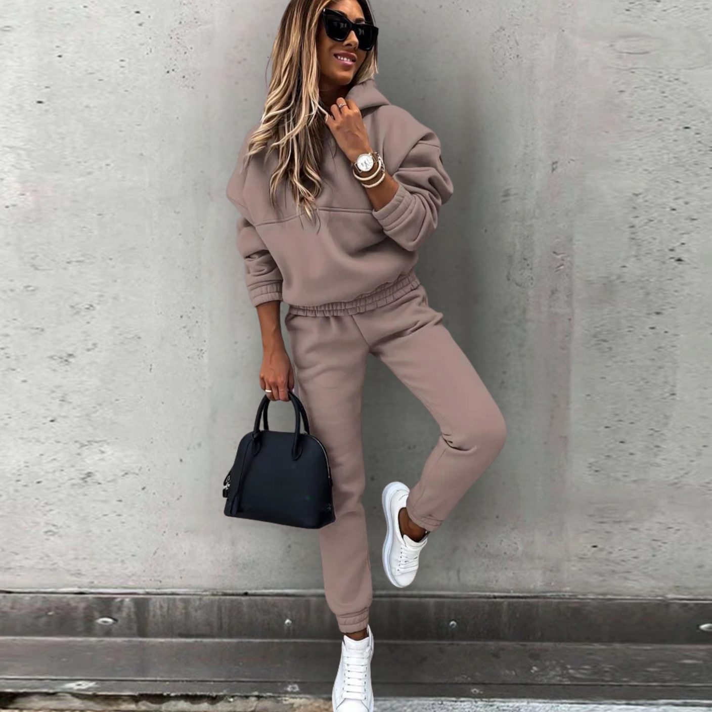 Women's Relaxed Stretch Fit Hoodie Joggers Matching Set - Brown