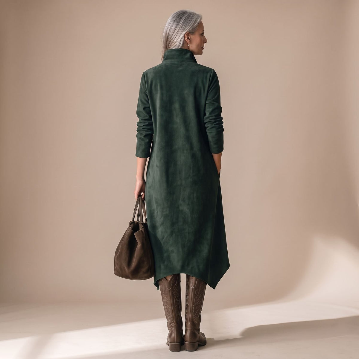 Women's Relaxed Suede Lapel Long-Sleeve Midi Dress with Pockets