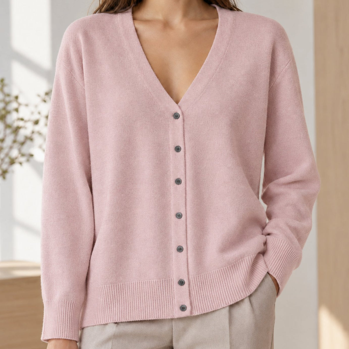 Women's Relaxed V-Neck Button-Front Knit Cardigan - Pink