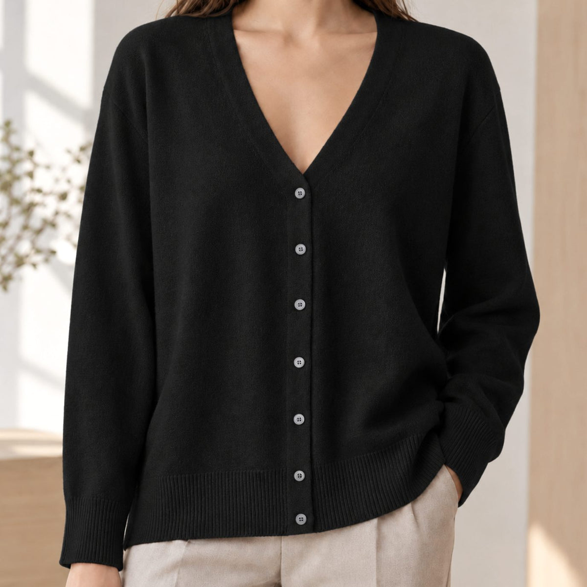 Women's Relaxed V-Neck Button-Front Knit Cardigan - Black