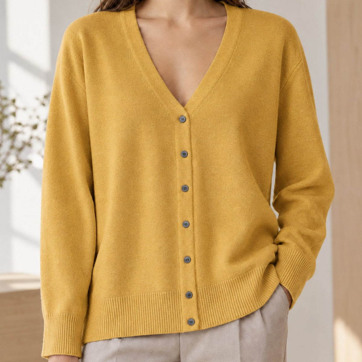 Women's Relaxed V-Neck Button-Front Knit Cardigan - Mustard Yellow