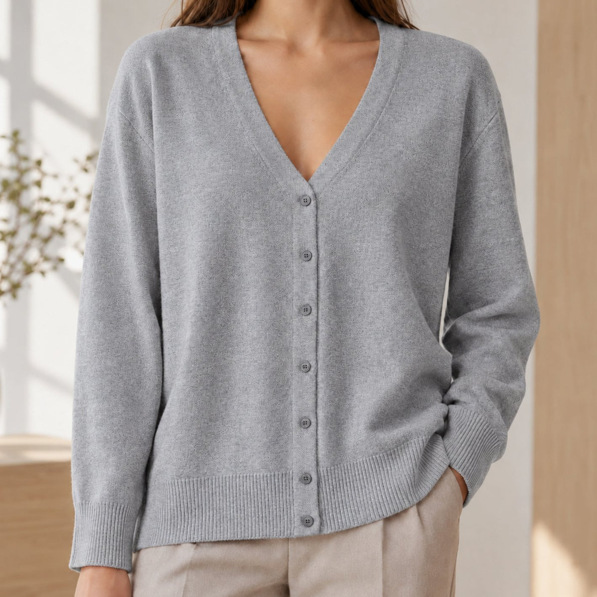 Women's Relaxed V-Neck Button-Front Knit Cardigan - Light Grey
