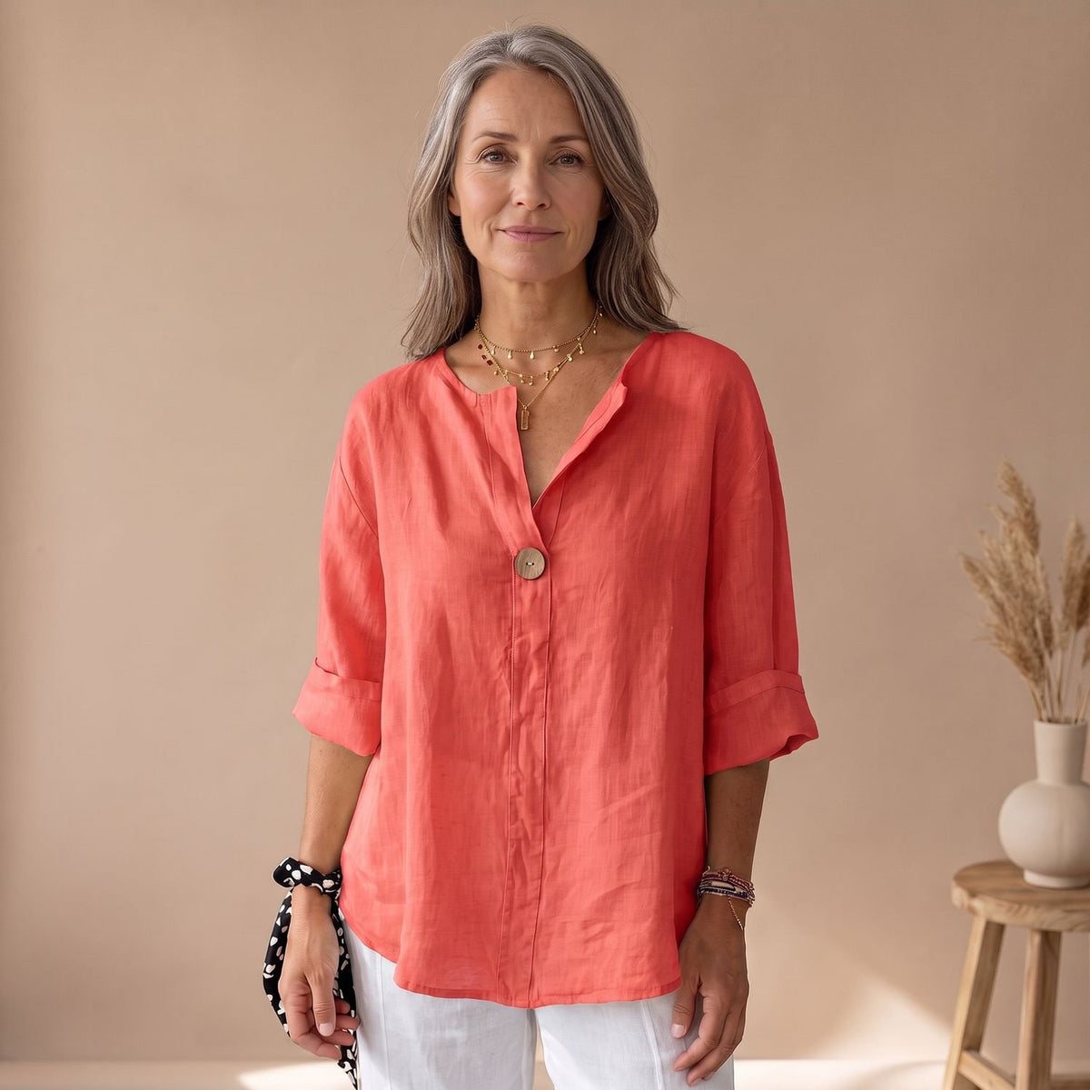 Women's Relaxed V-Neck Cotton-Linen Blouse - Red