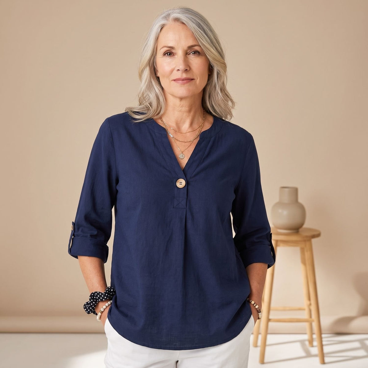 Women's Relaxed V-Neck Cotton-Linen Blouse - Blue