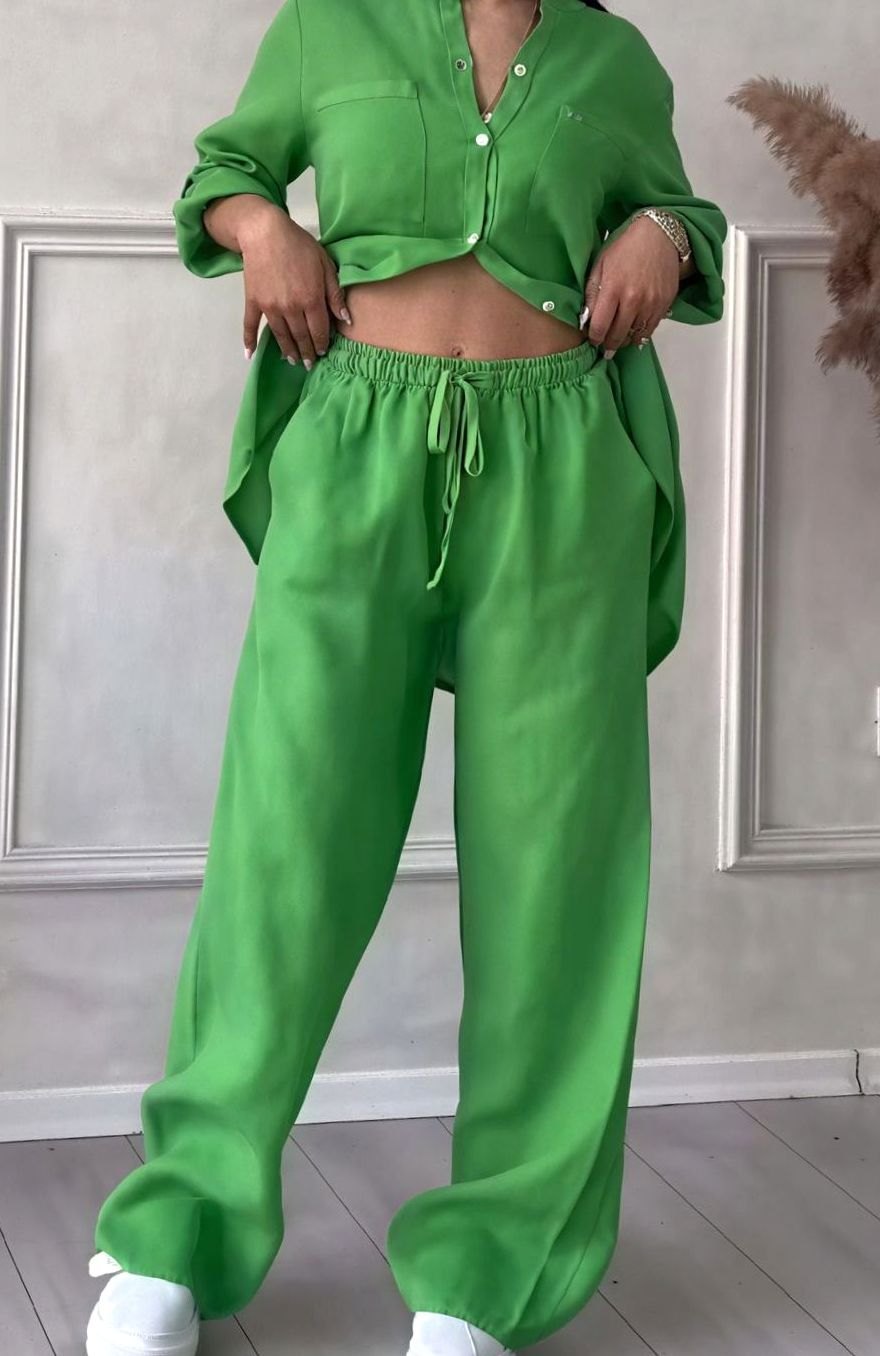 Women's Relaxed Wide-Leg Linen Two-Piece Set - Green
