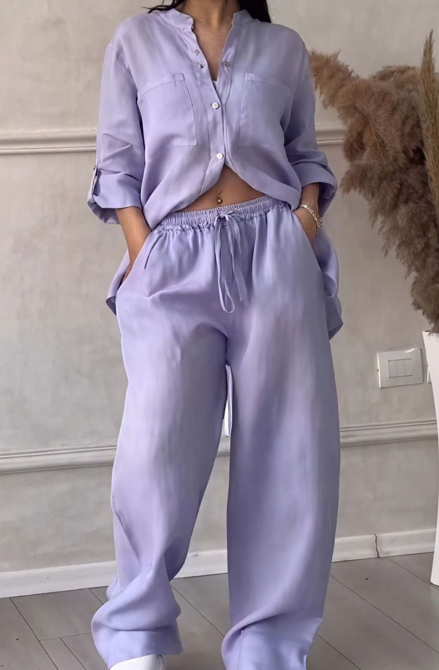 Women's Relaxed Wide-Leg Linen Two-Piece Set - Purple