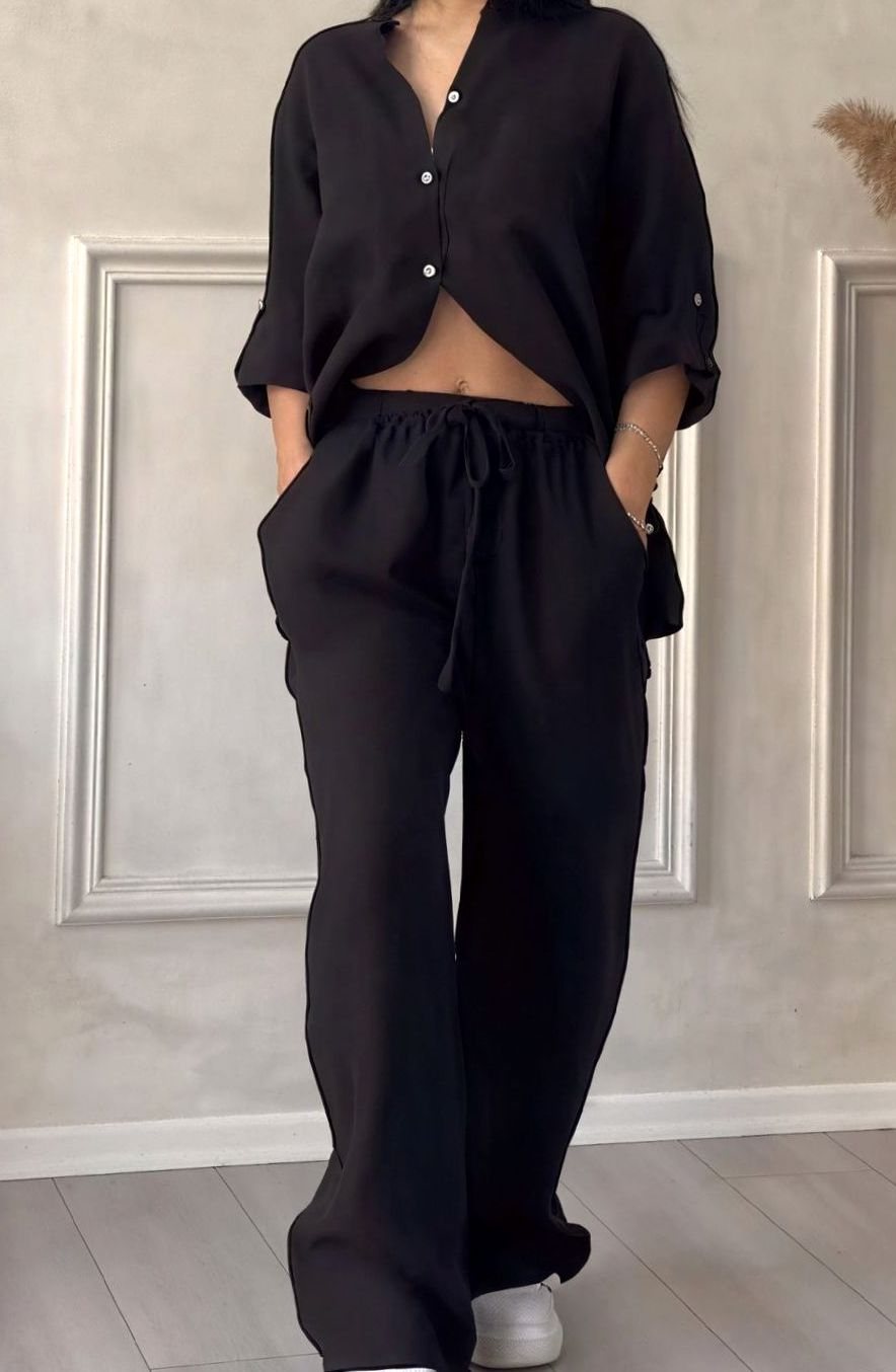 Women's Relaxed Wide-Leg Linen Two-Piece Set - Black