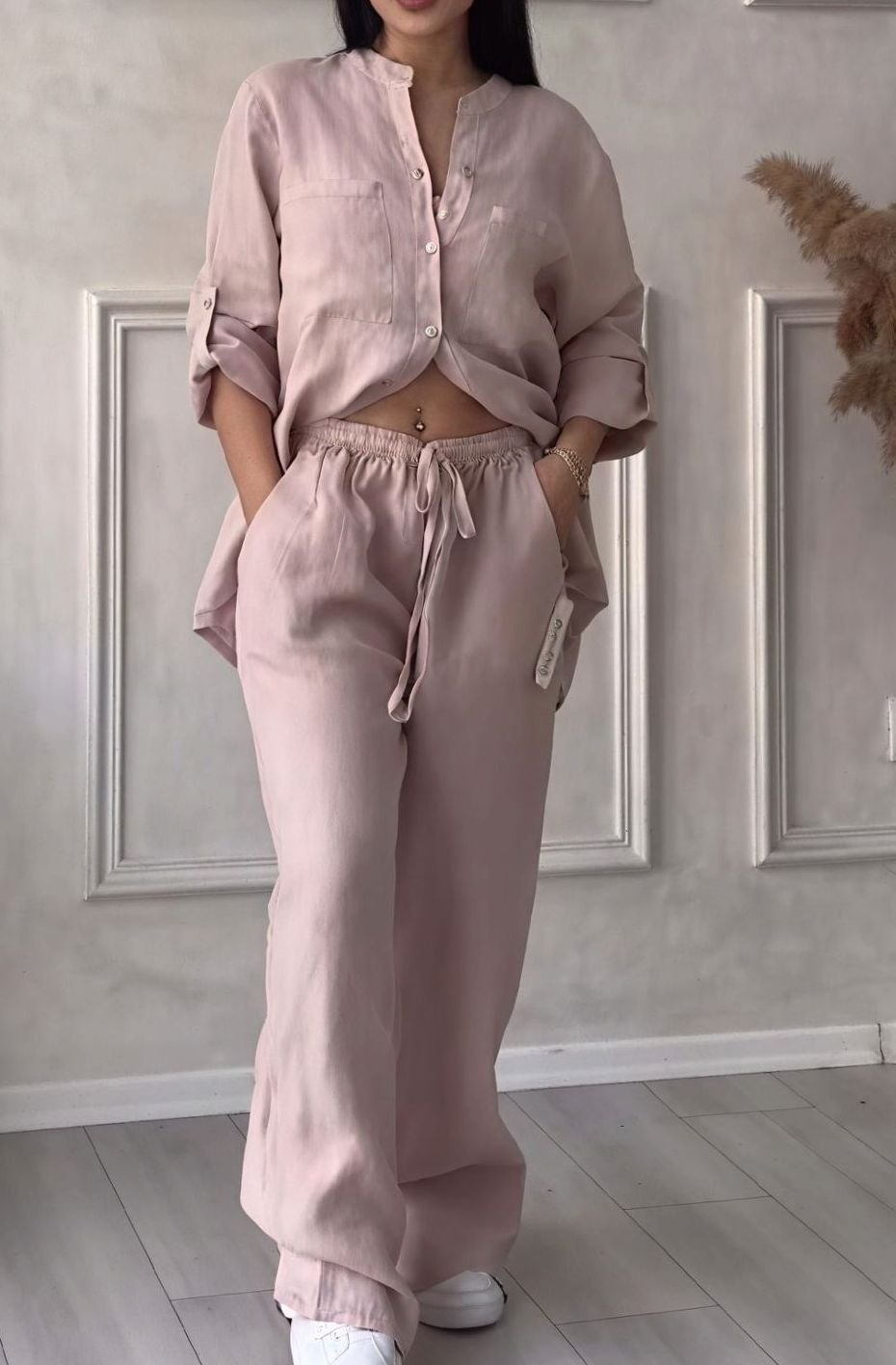 Women's Relaxed Wide-Leg Linen Two-Piece Set - Light Pink