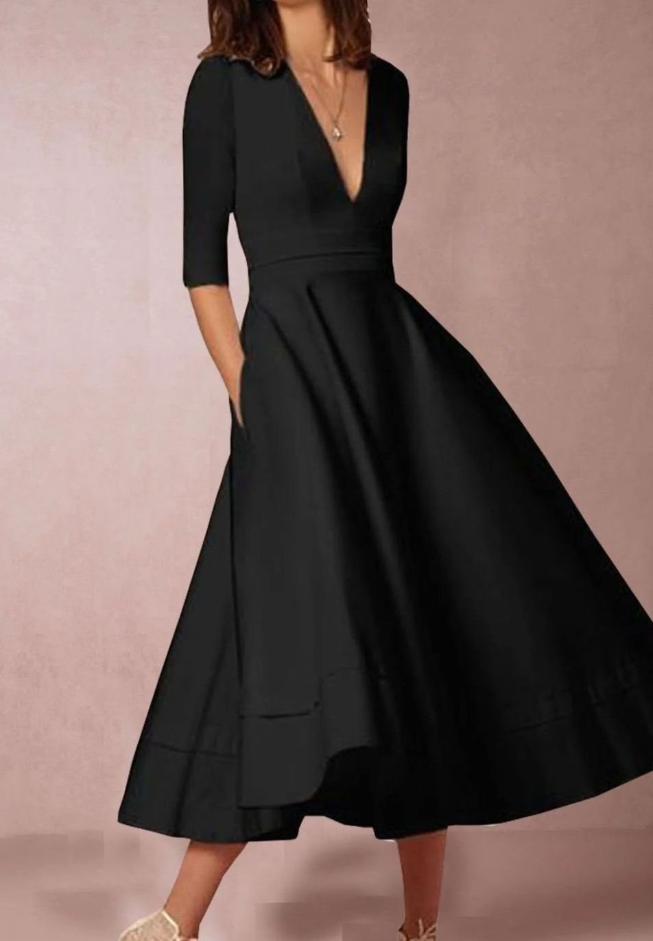 Women's Retro A-Line Deep V-Neck Midi Dress - Black