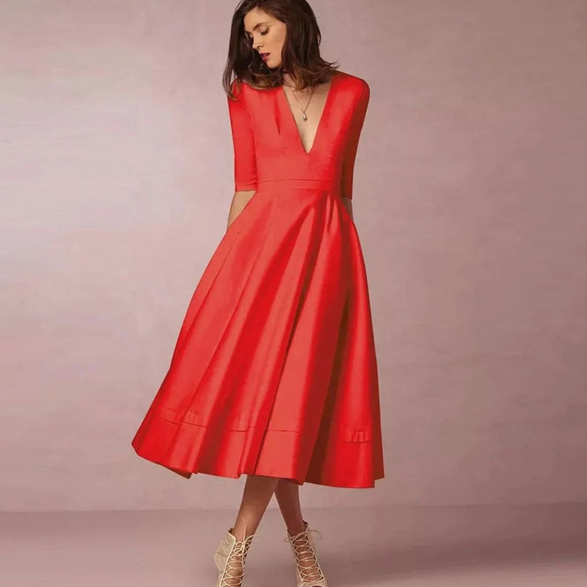 Women's Retro A-Line Deep V-Neck Midi Dress - Red