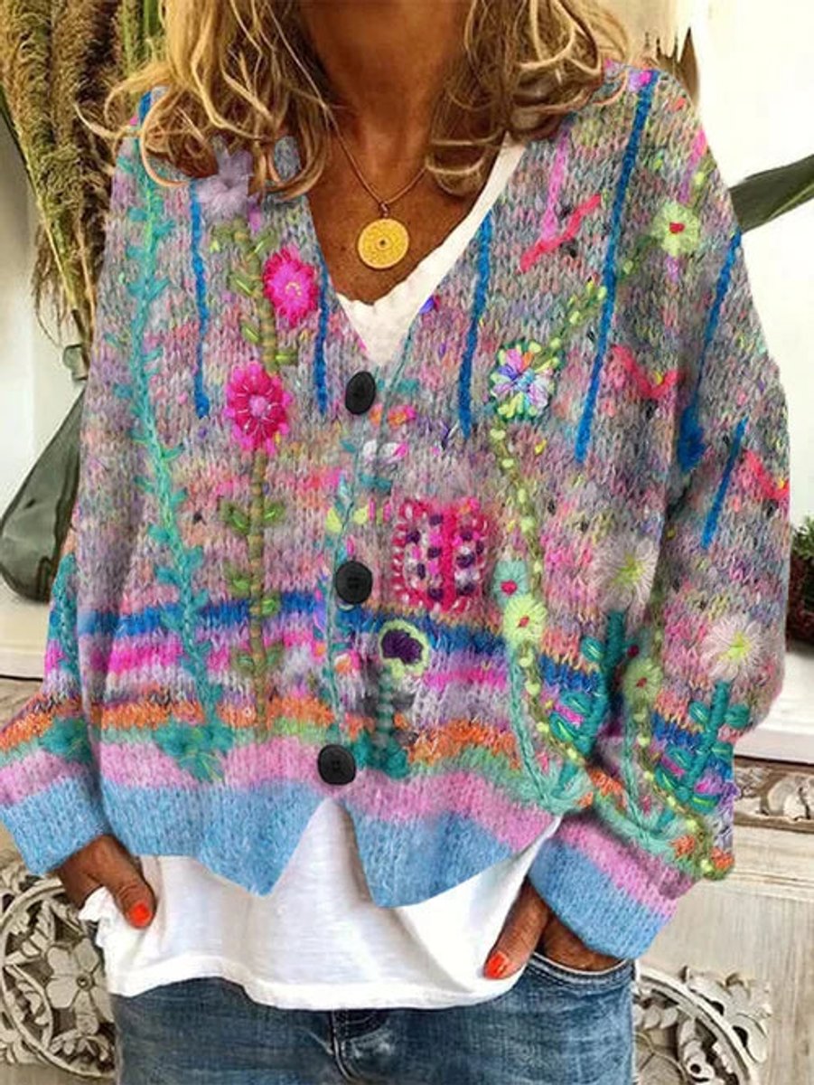 Women's Retro Floral Printed Button-Up Cardigan - Grey