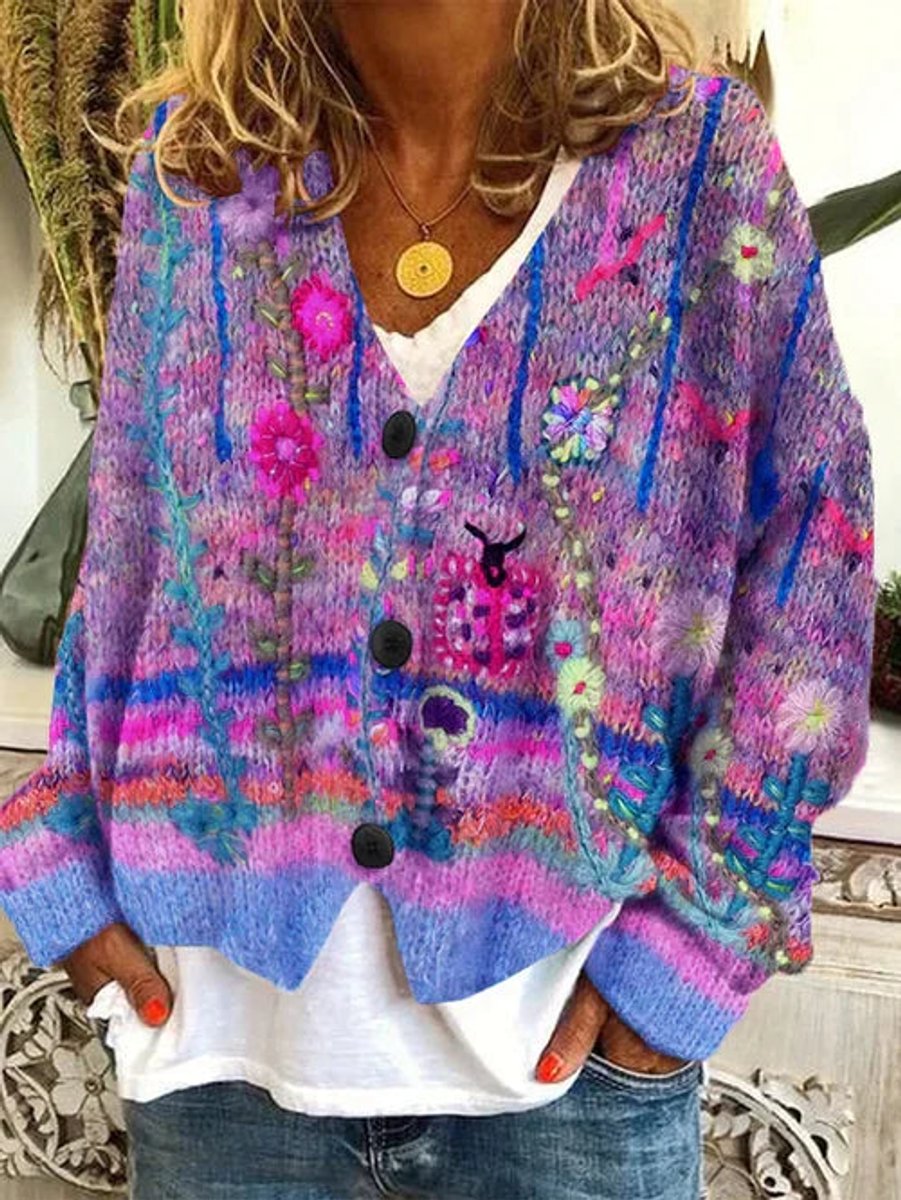 Women's Retro Floral Printed Button-Up Cardigan