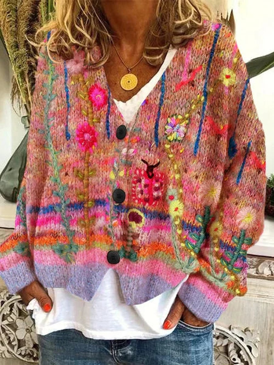 Women's Retro Floral Printed Button-Up Cardigan - Orange