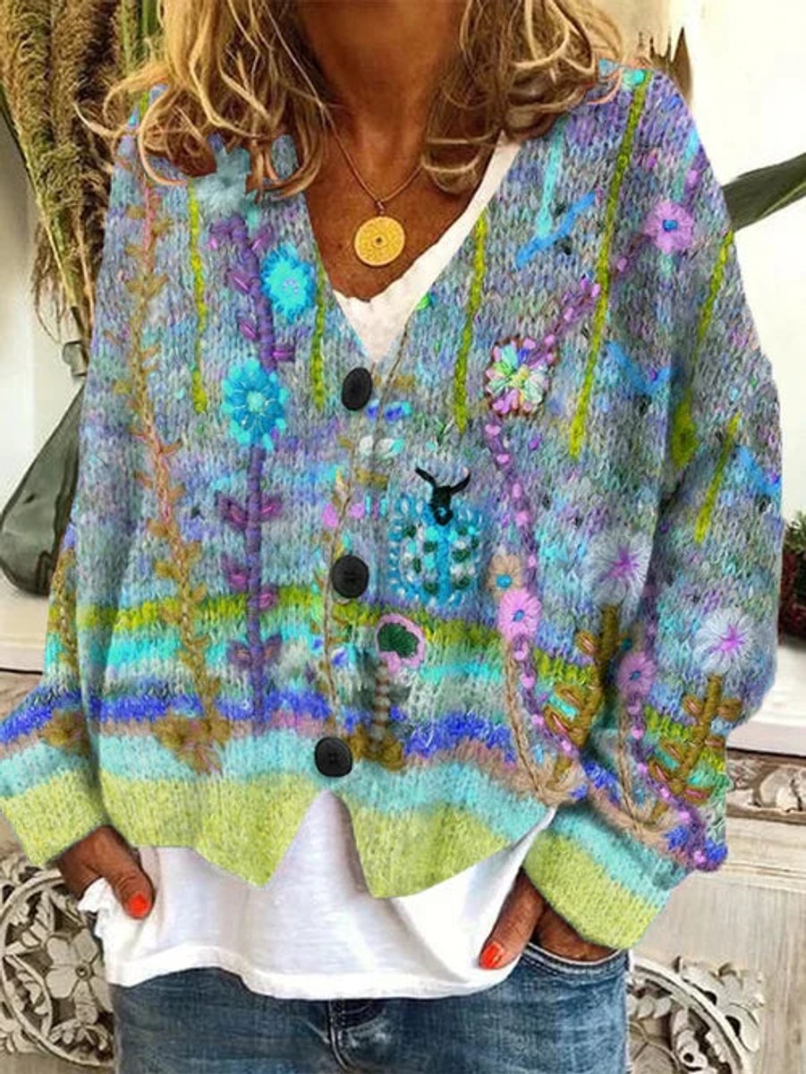 Women's Retro Floral Printed Button-Up Cardigan - Blue