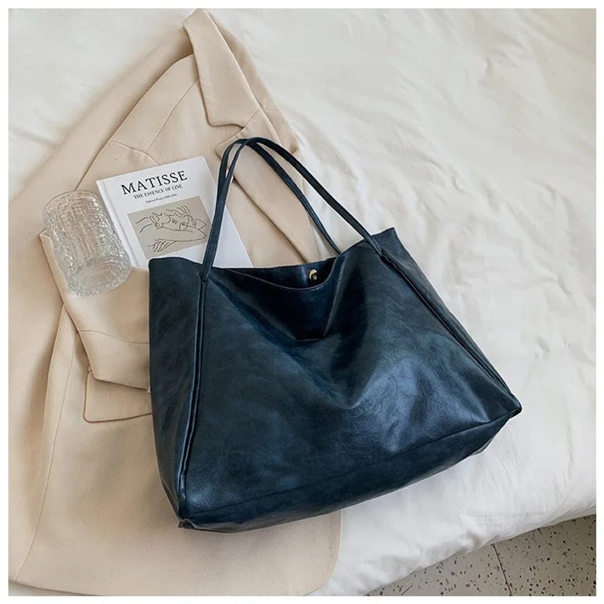 Women's Retro PU Leather Large Shoulder Tote Bag - Blau