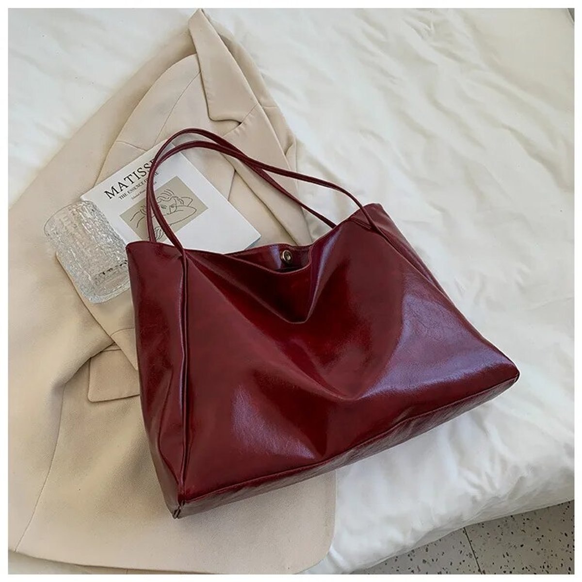 Women's Retro PU Leather Large Shoulder Tote Bag - Rot