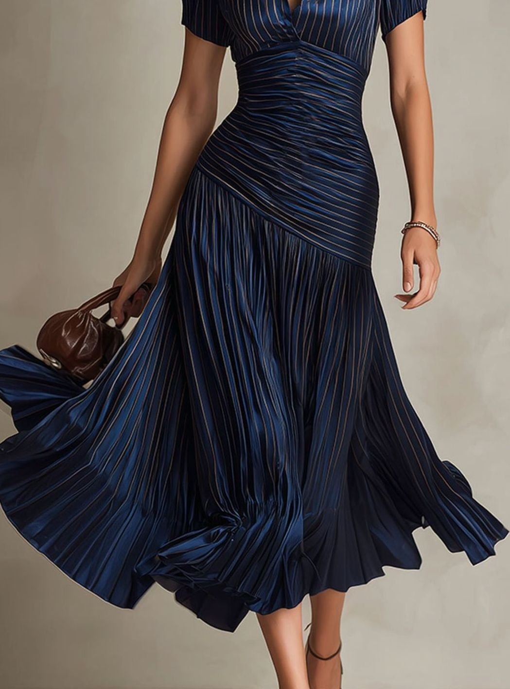 Women's Retro Striped Satin Midi Dress Short-Sleeve Collared