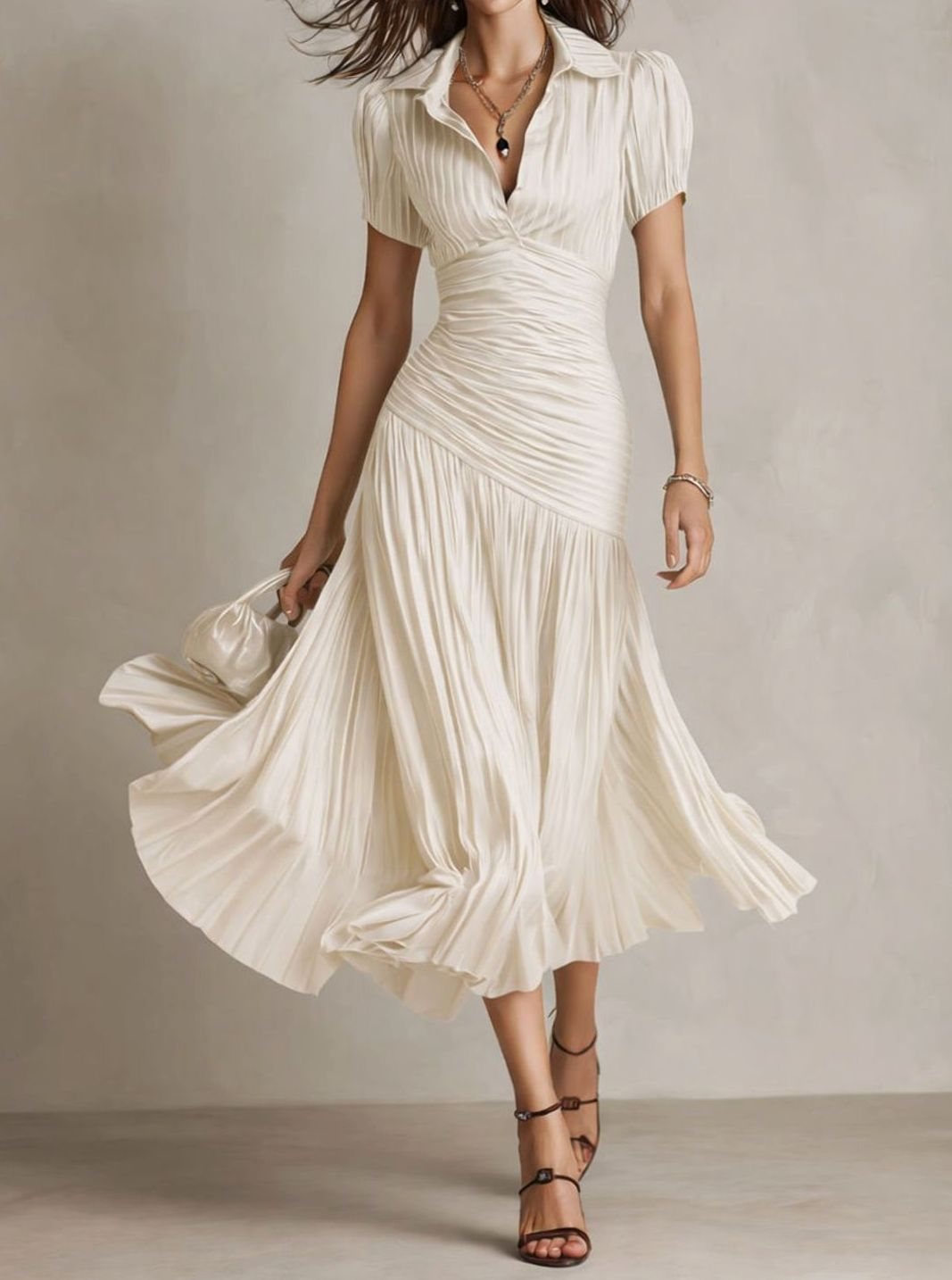 Women's Retro Striped Satin Midi Dress Short-Sleeve Collared - White
