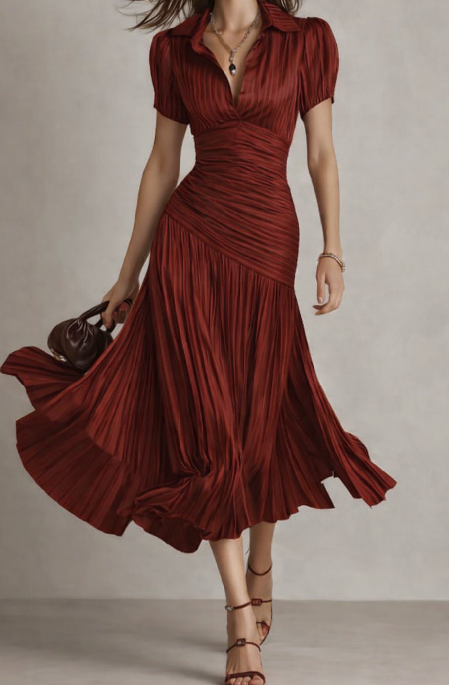 Women's Retro Striped Satin Midi Dress Short-Sleeve Collared - Red
