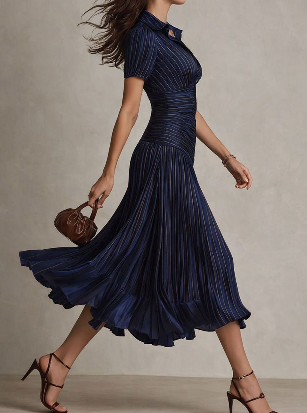 Women's Retro Striped Satin Midi Dress Short-Sleeve Collared