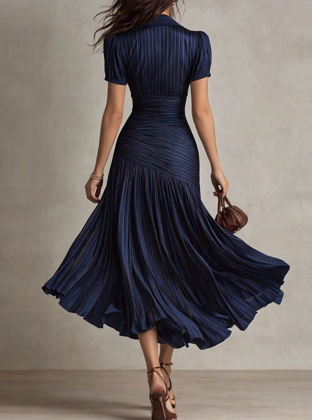 Women's Retro Striped Satin Midi Dress Short-Sleeve Collared