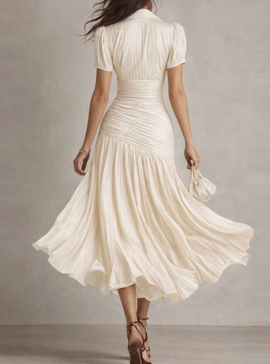 Women's Retro Striped Satin Midi Dress Short-Sleeve Collared