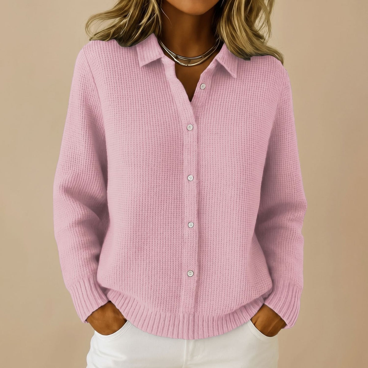 Women's Ribbed Button-Down Knit Cardigan Long Sleeve - Pink
