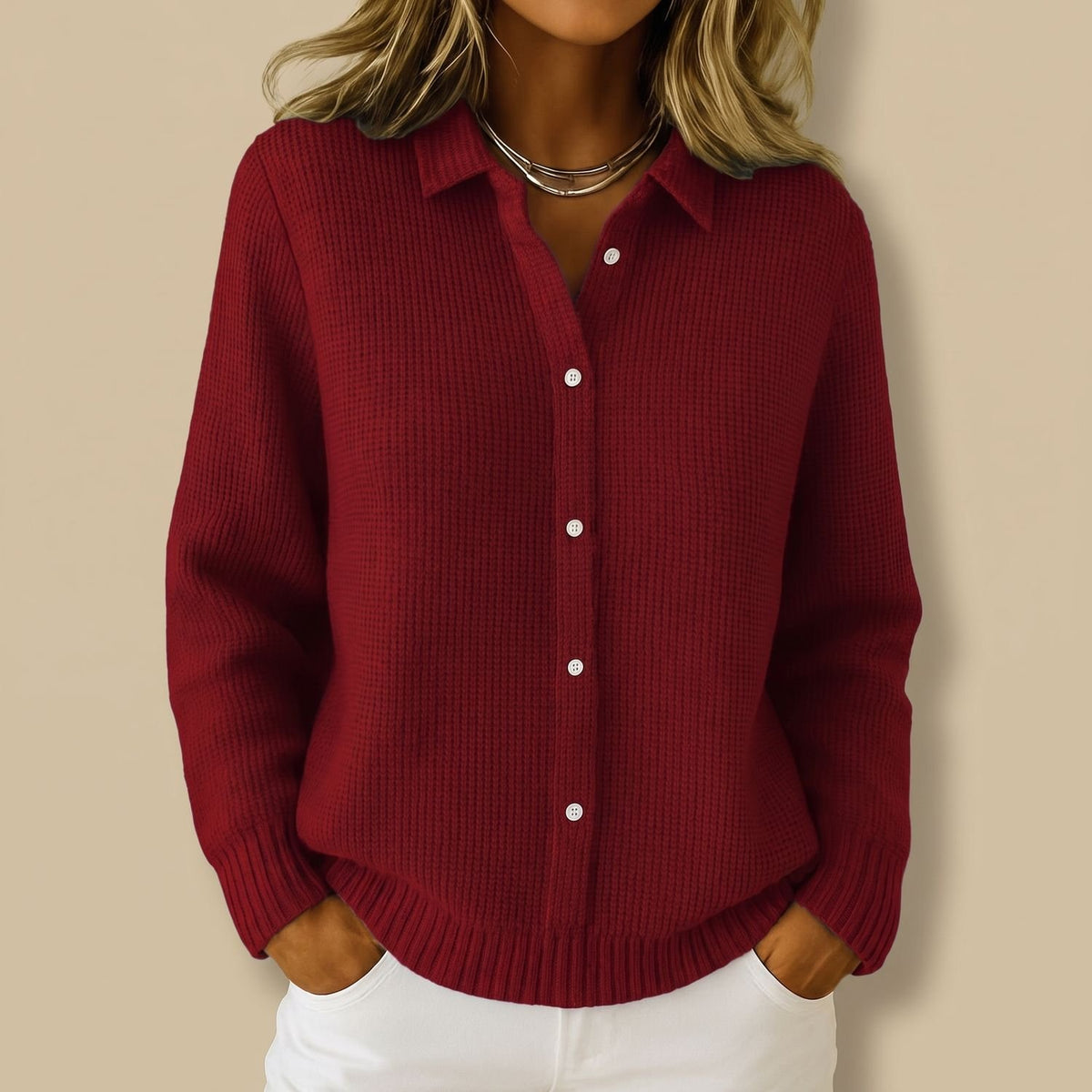 Women's Ribbed Button-Down Knit Cardigan Long Sleeve - Red