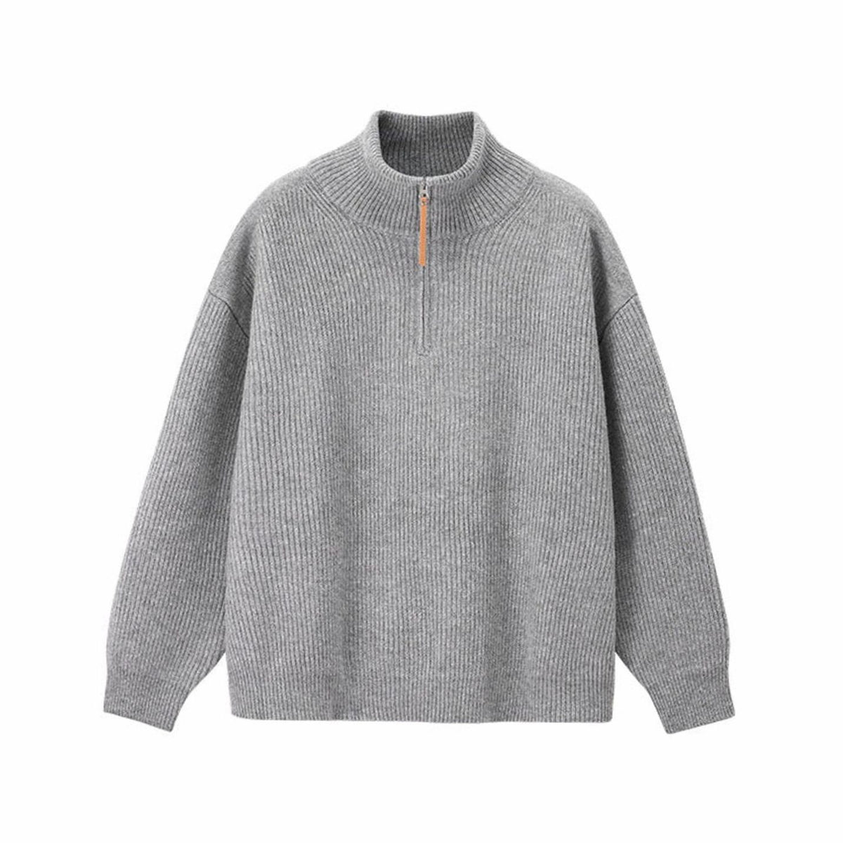 Women's Ribbed Cotton Half Zip Jumper Relaxed Oversized Pullover - Grey