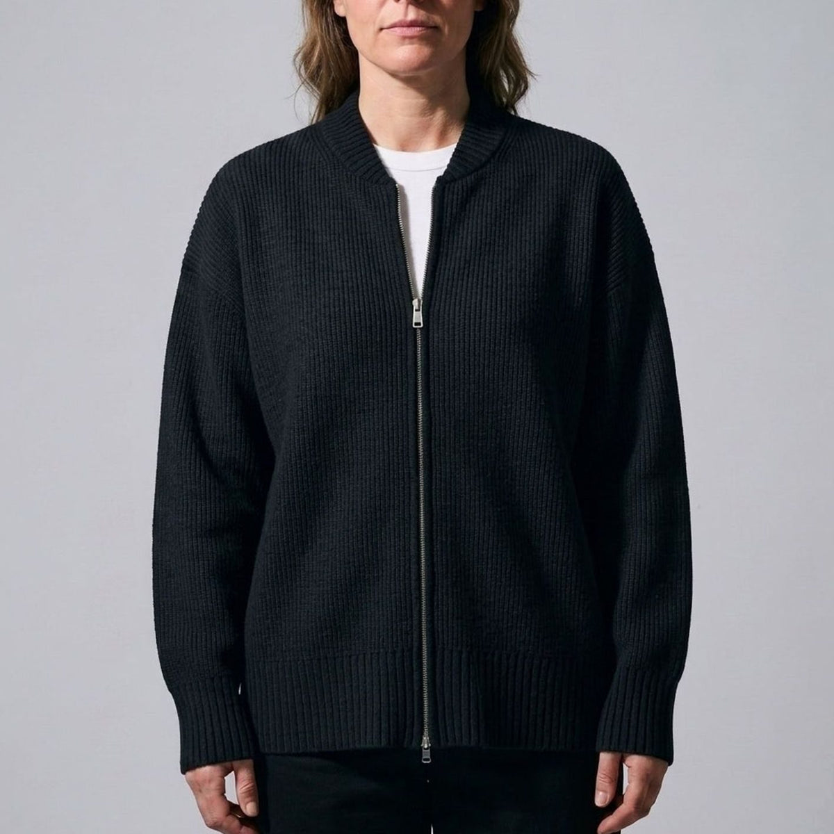 Women's Ribbed Full-Zip Relaxed Knit Cardigan - Black
