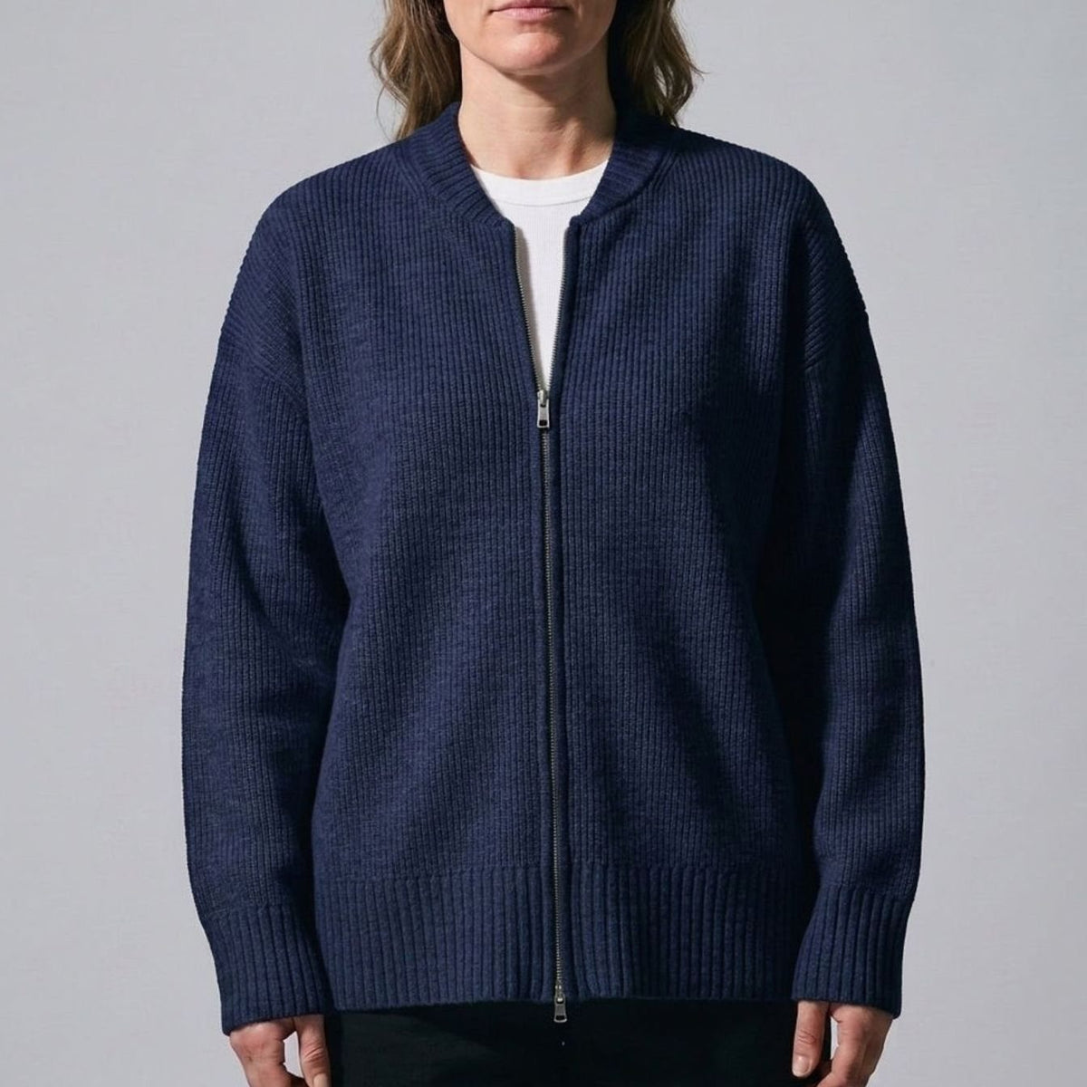 Women's Ribbed Full-Zip Relaxed Knit Cardigan - Navy Blue