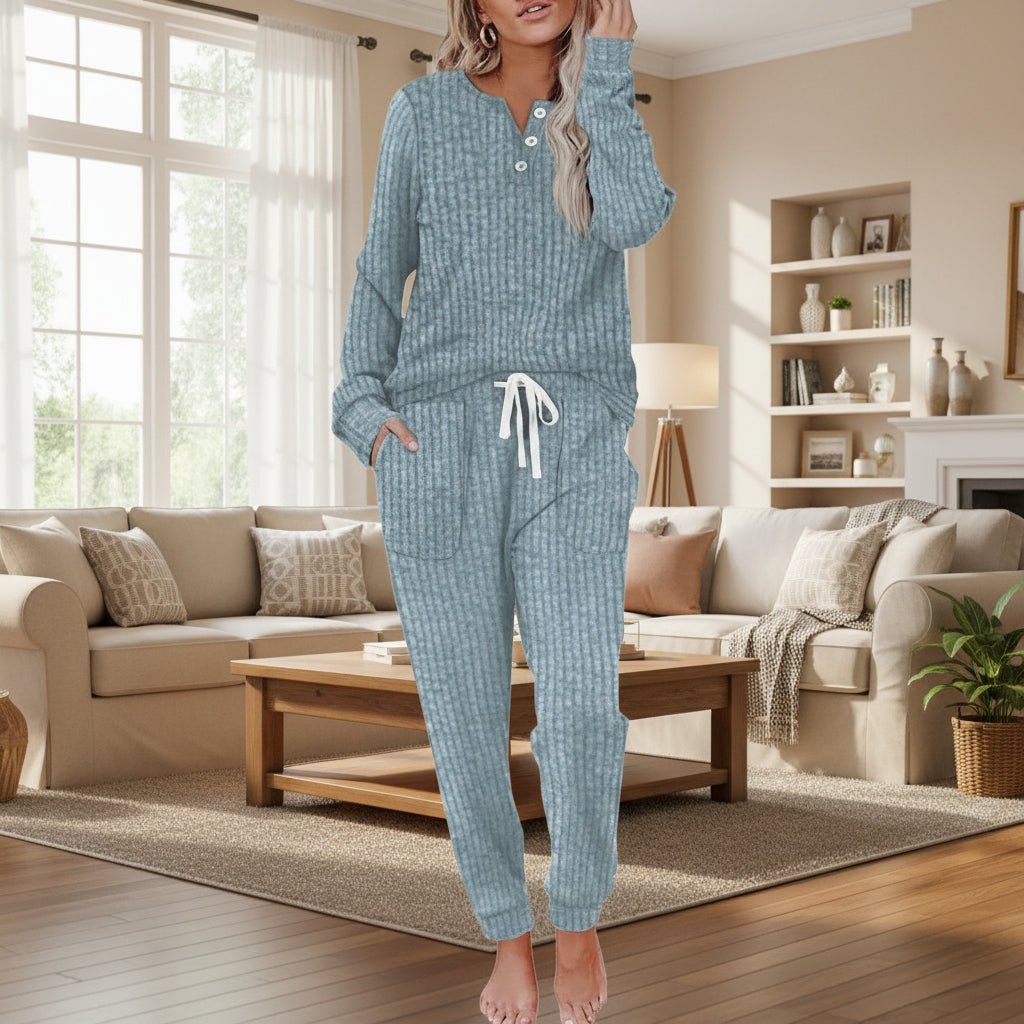 Women's Ribbed Long-Sleeve Henley Drawstring Loungewear Two-Piece Set - Sea Blue