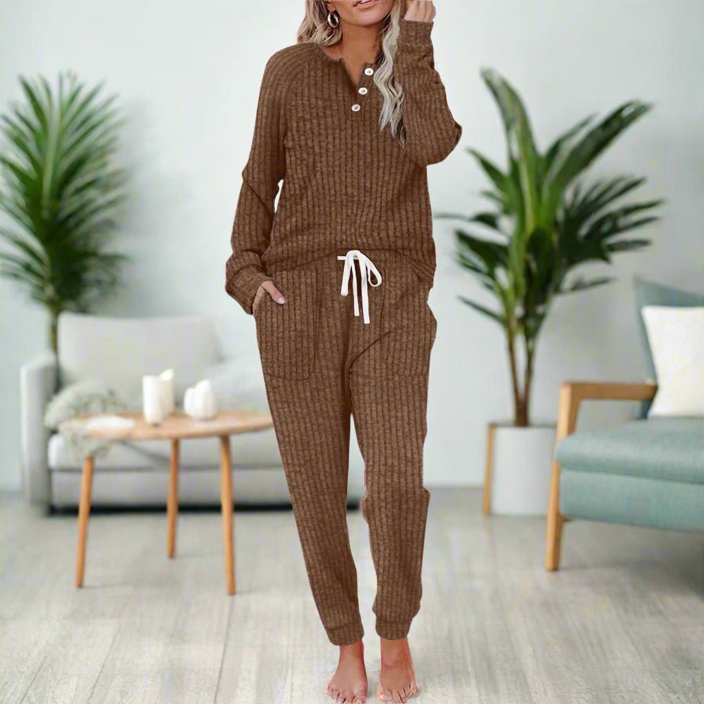 Women's Ribbed Long-Sleeve Henley Drawstring Loungewear Two-Piece Set