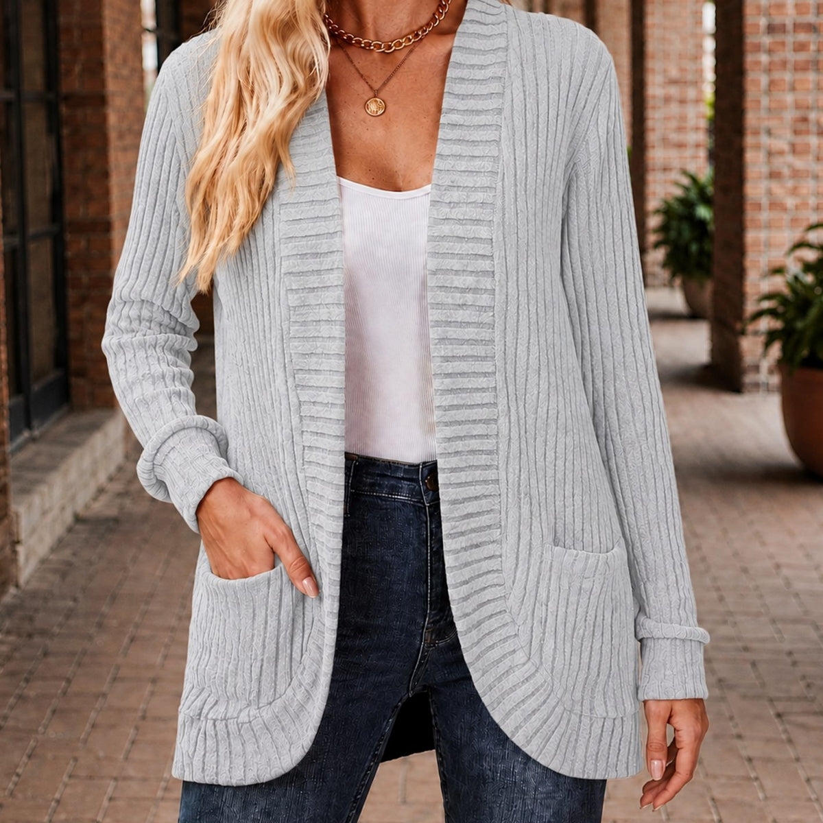 Women's Ribbed Open-Front Long-Sleeve Cardigan with Patch Pockets - Silvery Grey