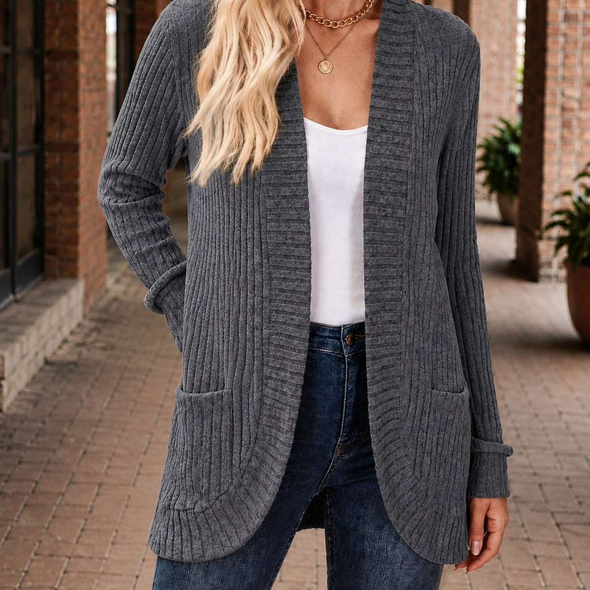 Women's Ribbed Open-Front Long-Sleeve Cardigan with Patch Pockets - Lead Grey