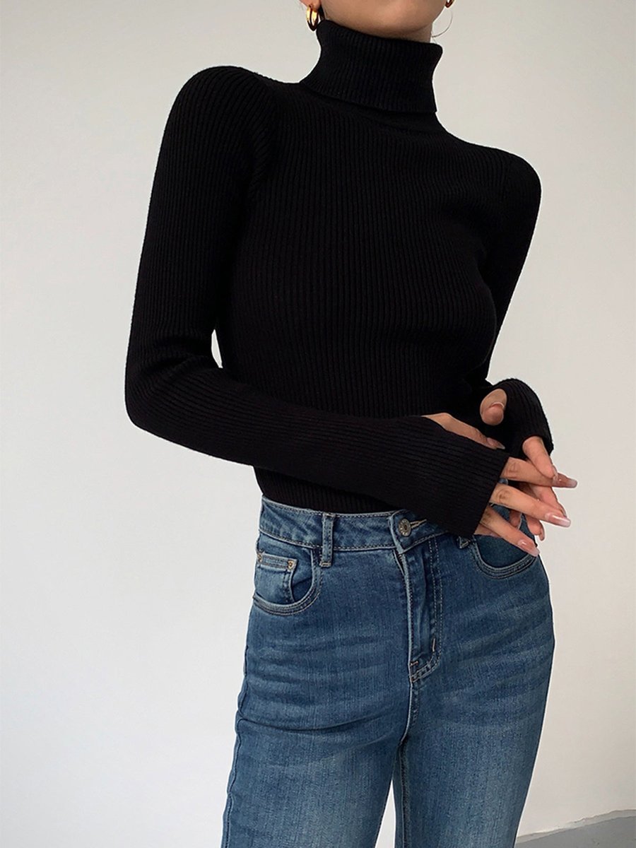 Women's Ribbed Turtleneck Fine Knit Sweater - Black
