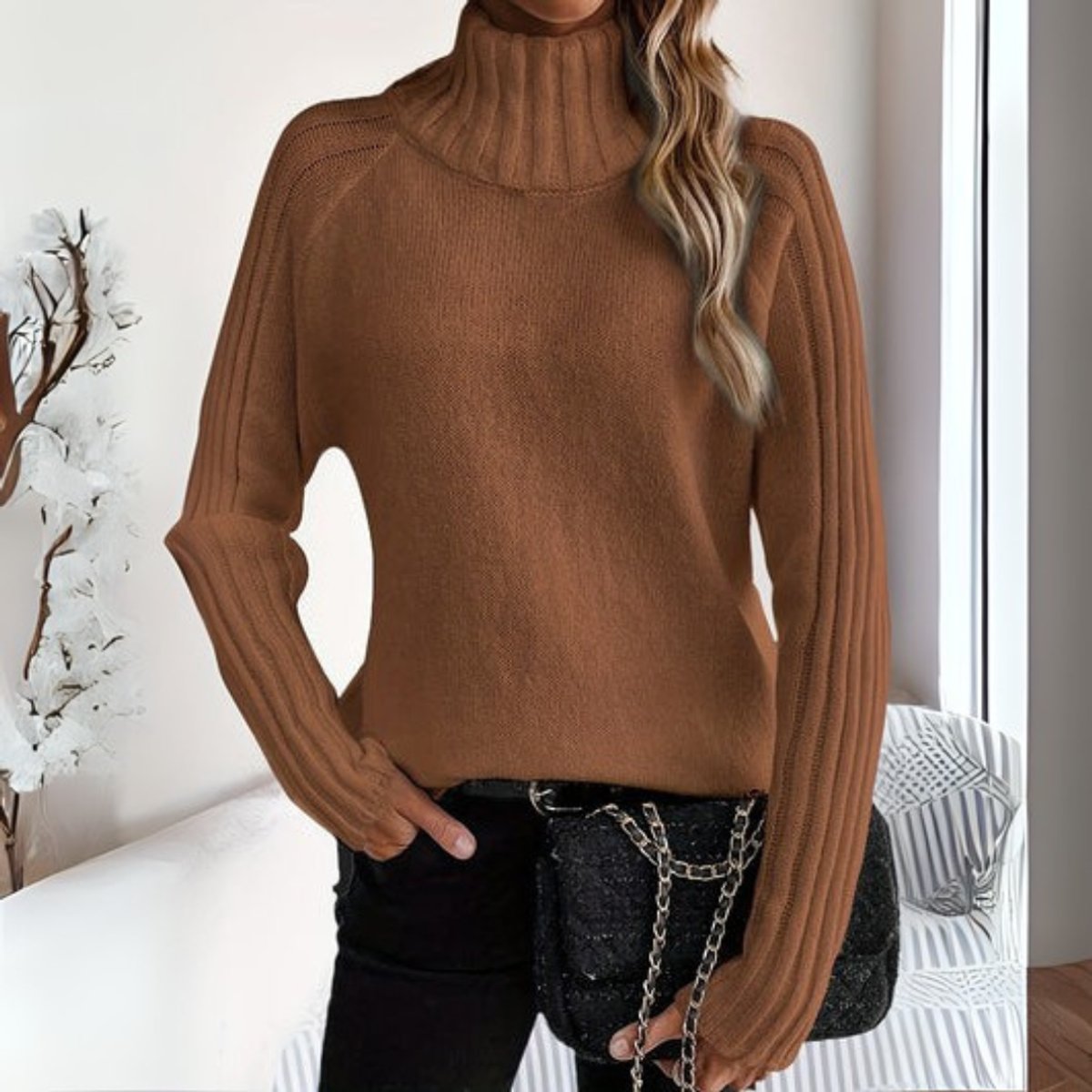 Women's Ribbed Turtleneck Sweater Relaxed Knit Pullover - Brown