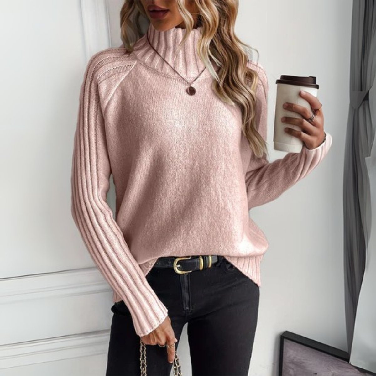 Women's Ribbed Turtleneck Sweater Relaxed Knit Pullover - Pink