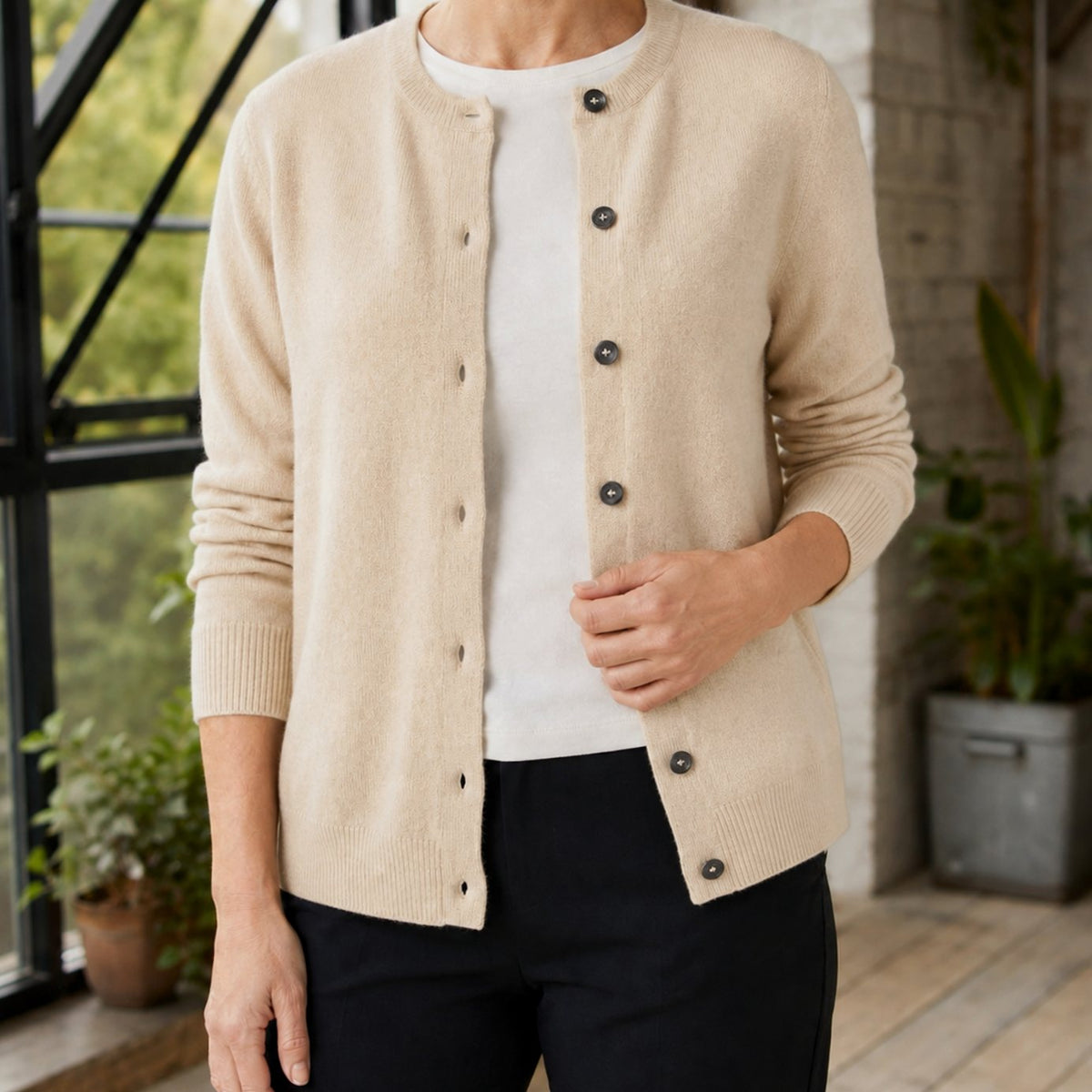 Women's Round-Neck Button-Front Soft Knit Cardigan - Beige