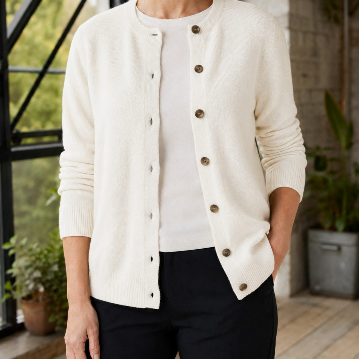 Women's Round-Neck Button-Front Soft Knit Cardigan - White