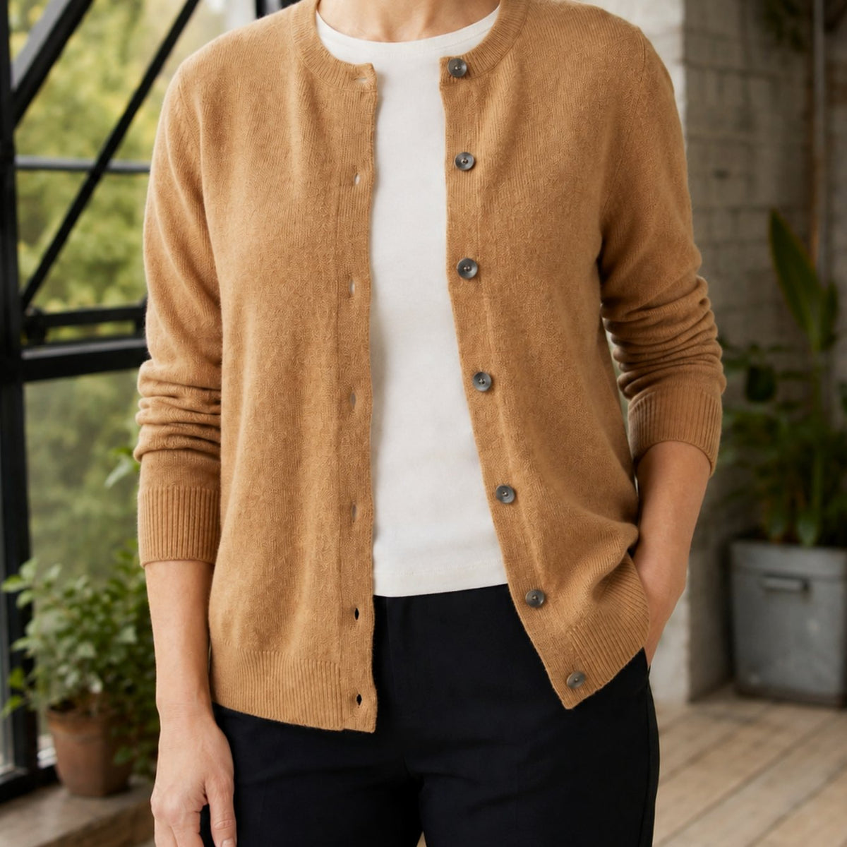 Women's Round-Neck Button-Front Soft Knit Cardigan - Camel