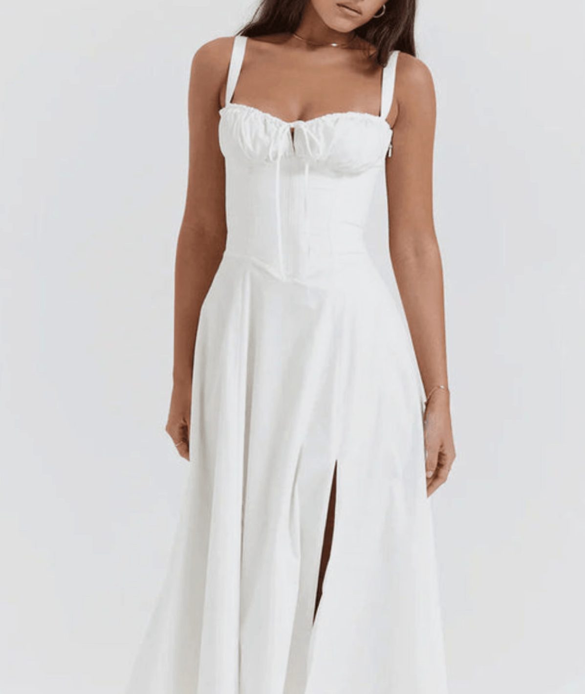 Women's Ruched-Bust Corset Strappy Midi Party Dress - White